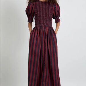 Maroon Navy Striped Puff Sleeve Maxi Dress Damson Madder Bluebelle